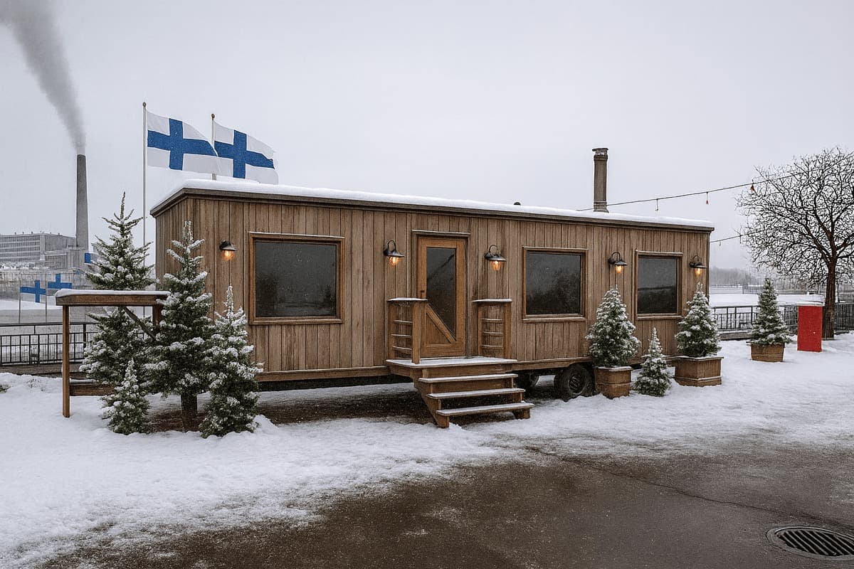 Driftwood Sauna Club mobile sauna on the Milwaukee waterfront in winter
