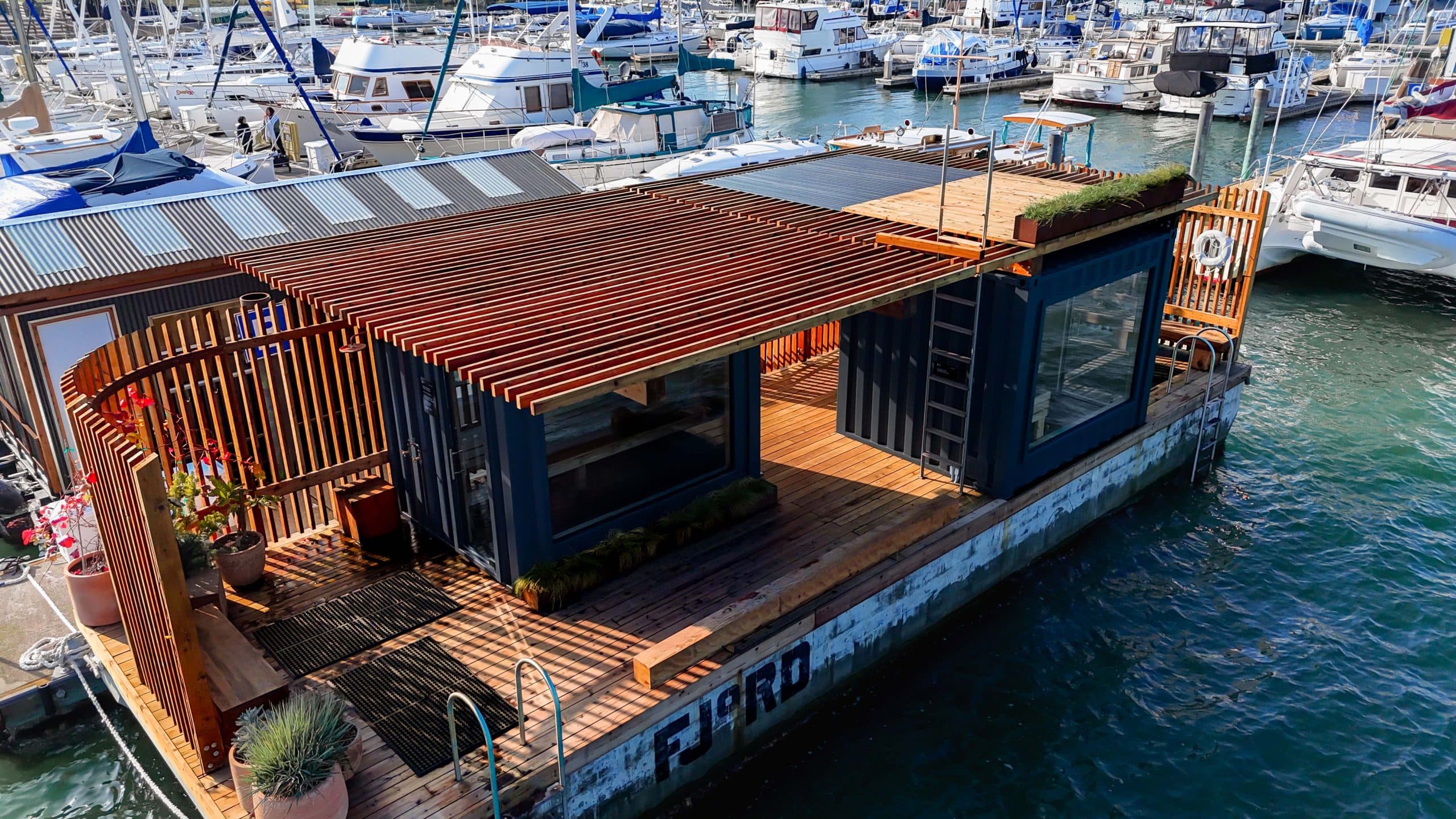 FJORD floating sauna aerial view in Sausalito harbor with redwood deck