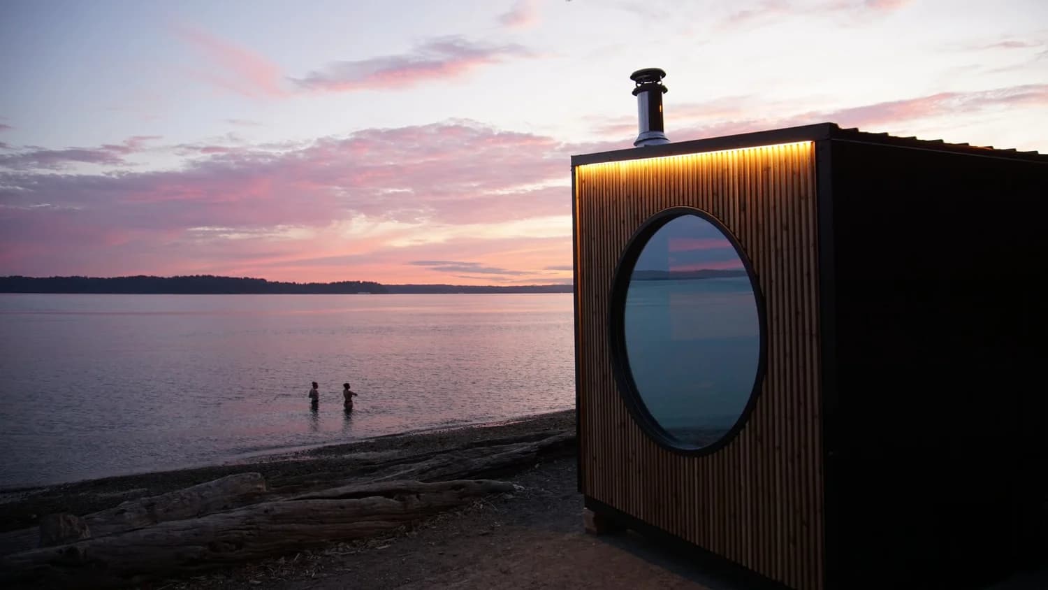 Good Day Sauna mobile sauna on the beach at sunset