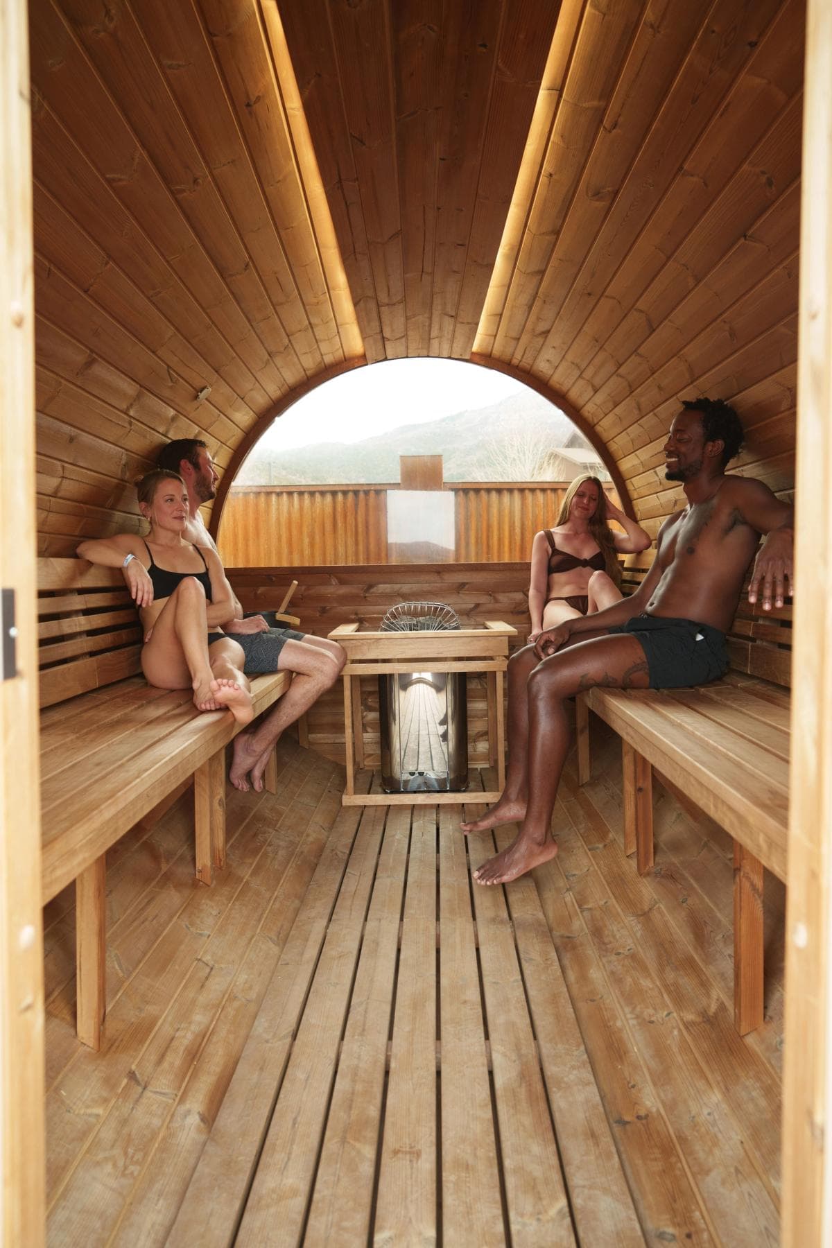 The Sauna Summit at Iron Mountain Hot Springs with wooden sauna buildings