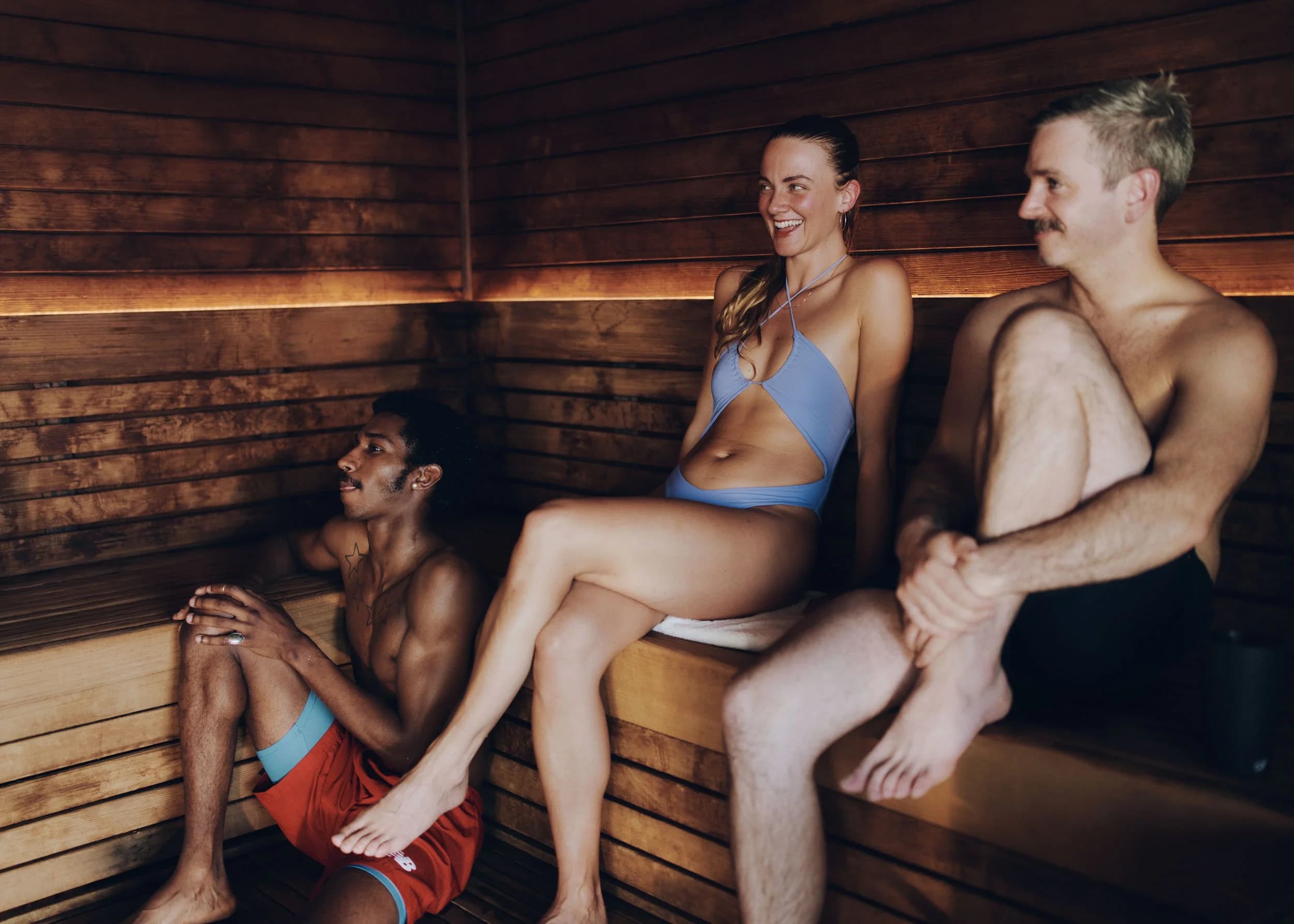 Knot Springs sauna interior with warm wood paneling