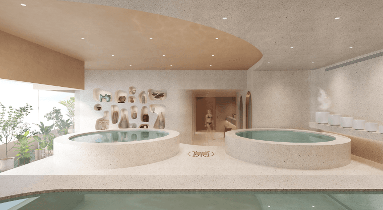 Lan Bathhouse interior with magnesium-infused spas and sauna entrance