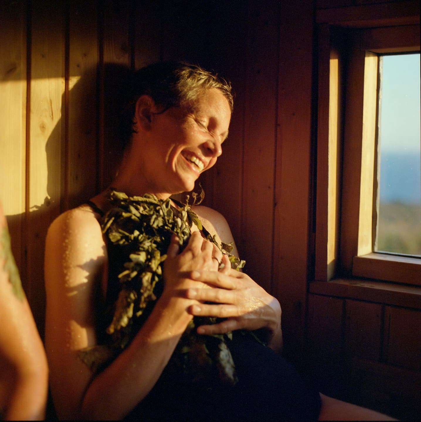 Inside the Olla Hiki wood-fired sauna with ocean views through the window