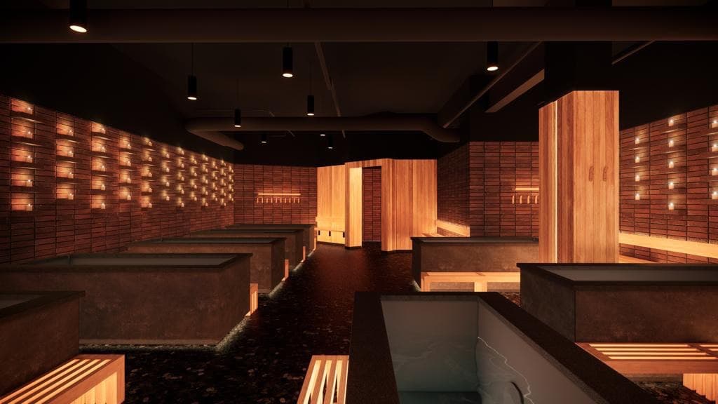 Othership Yorkville interior with moody ambient lighting, cedar sauna structures, and ice bath plunge pools