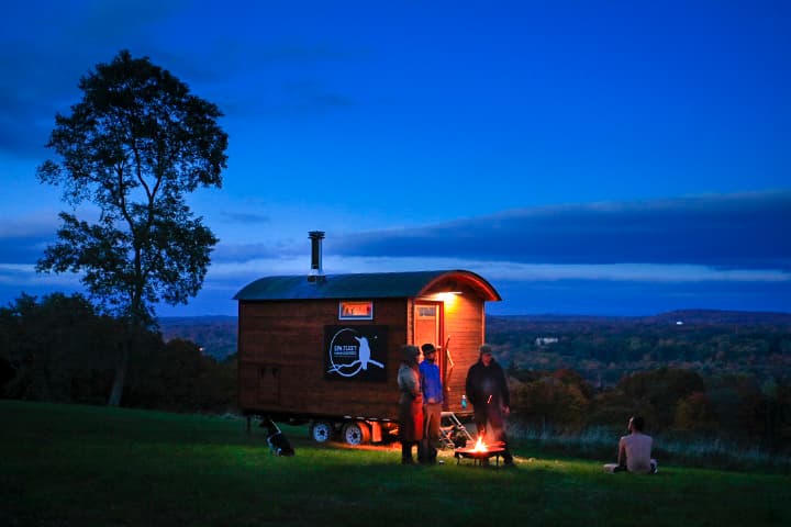 Spa Fleet Cloudberry mobile Finnish sauna in Hudson Valley setting