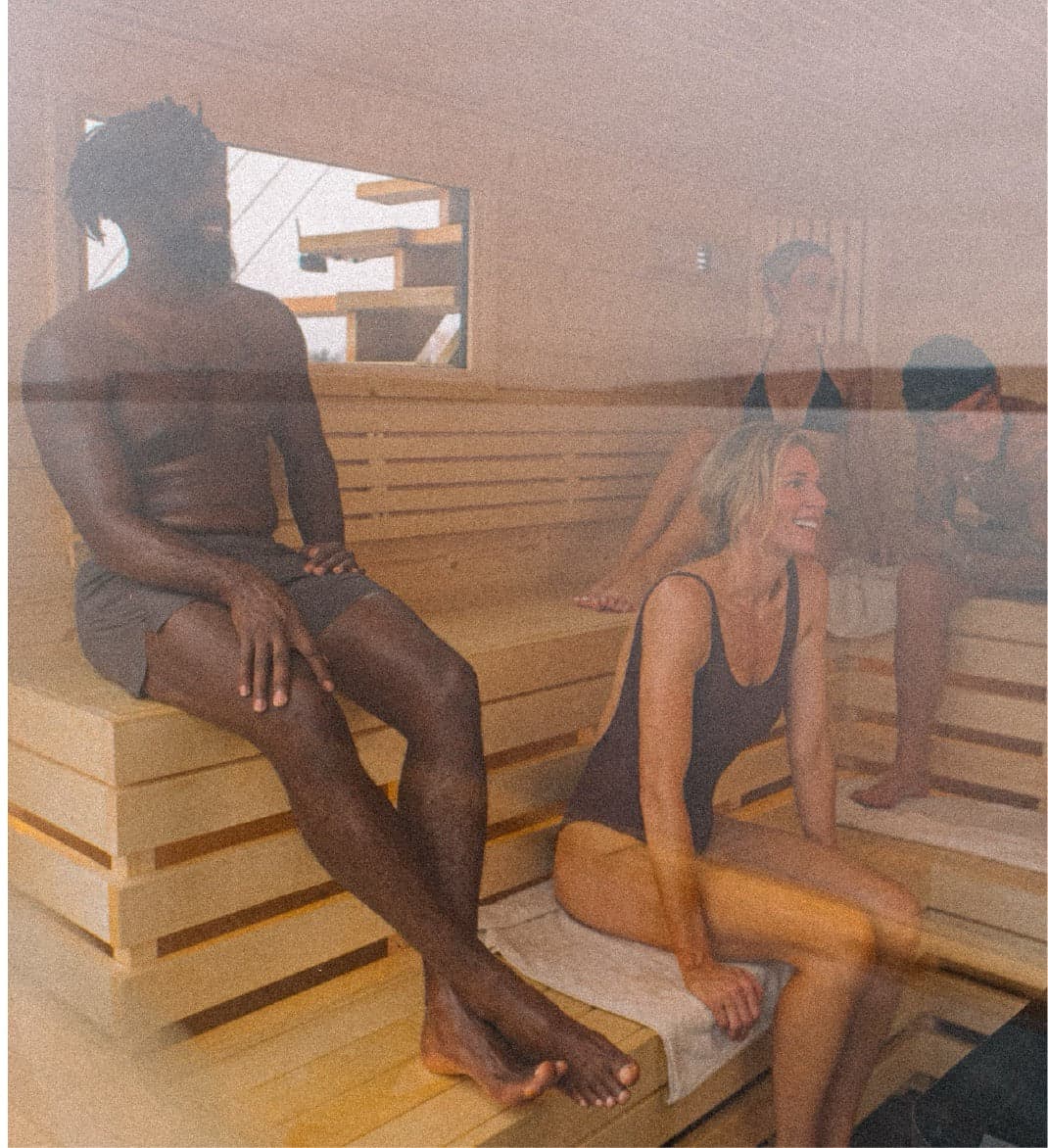 Wildhaus floating sauna interior with tiered wooden benches