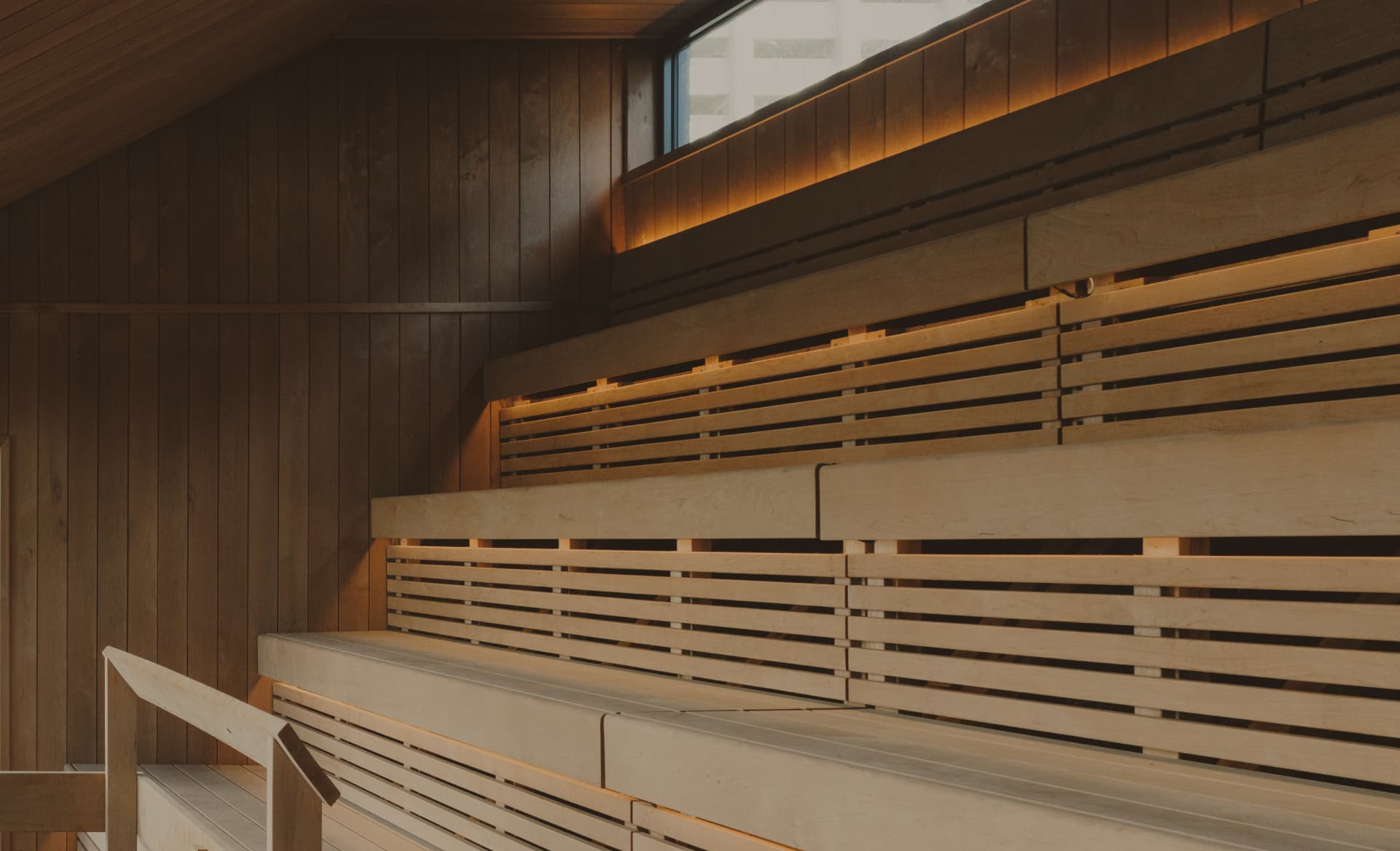 Inside the Wyld floating sauna with tiered wooden benches and ambient lighting