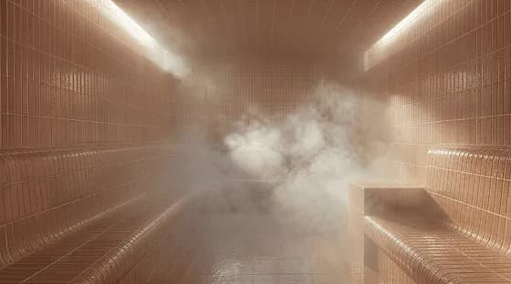 Tiled steam room filled with steam and warm lighting at All's Well Sauna + Waterspa