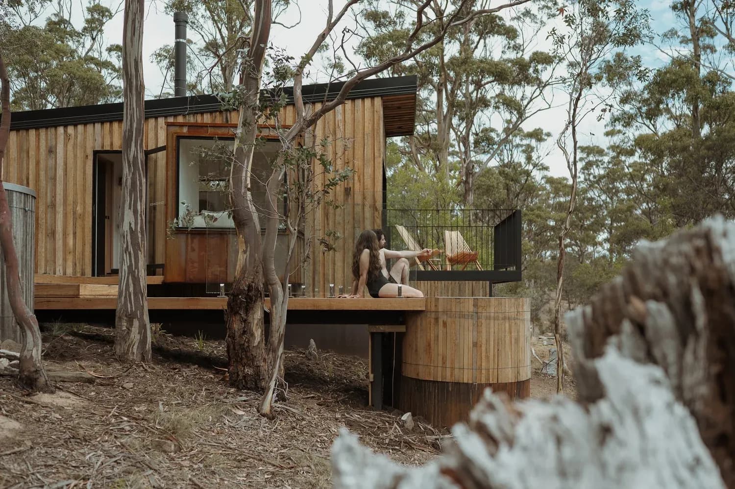 Arden Bathhouse wood-fired sauna cabin set in the Tasmanian bush
