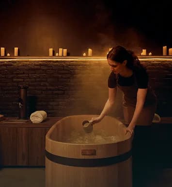 Oak beer-bath tub at Bains Ninkasi, Montreal