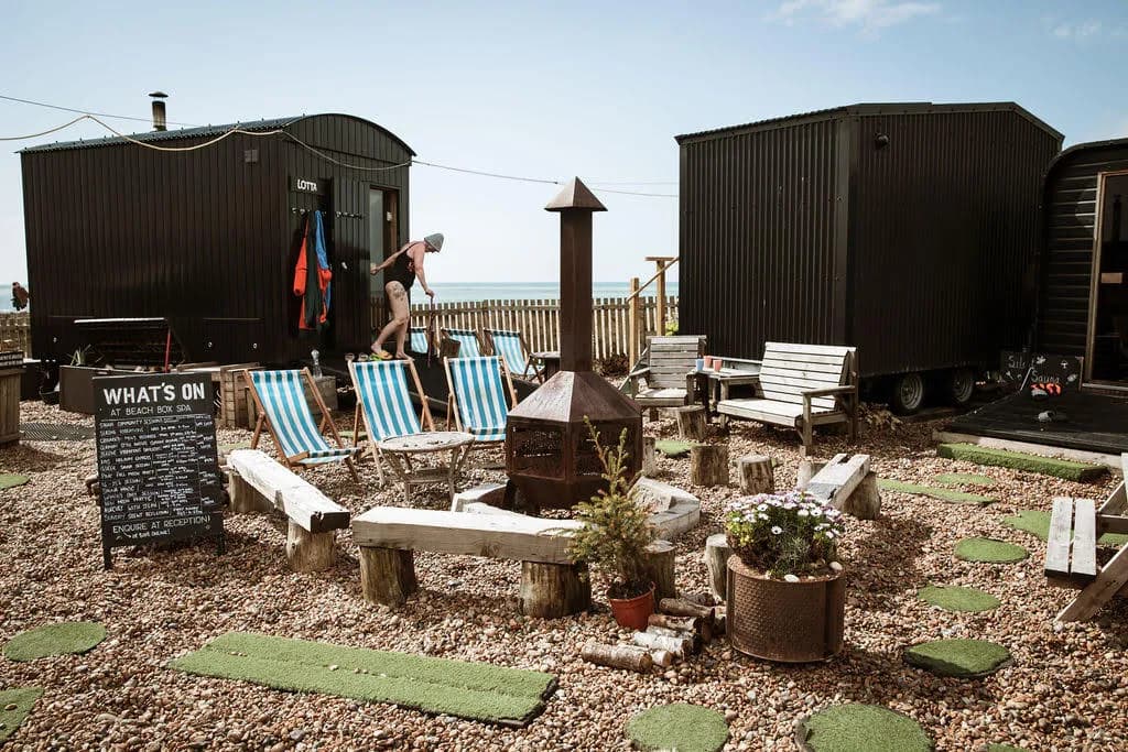 Beach Box wood-fired saunas on Brighton Beach