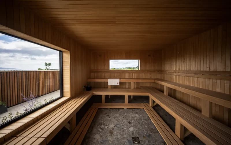 Cedar-lined interior of Blackrock Sauna in Salthill, Galway, with tiered benches and a large window overlooking the sea
