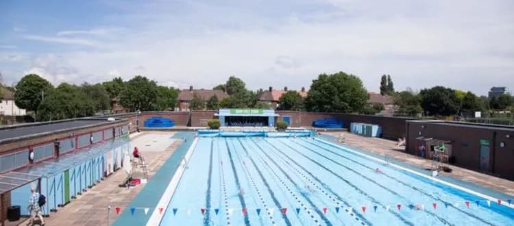 Charlton Lido outdoor pool; the sauna sits poolside