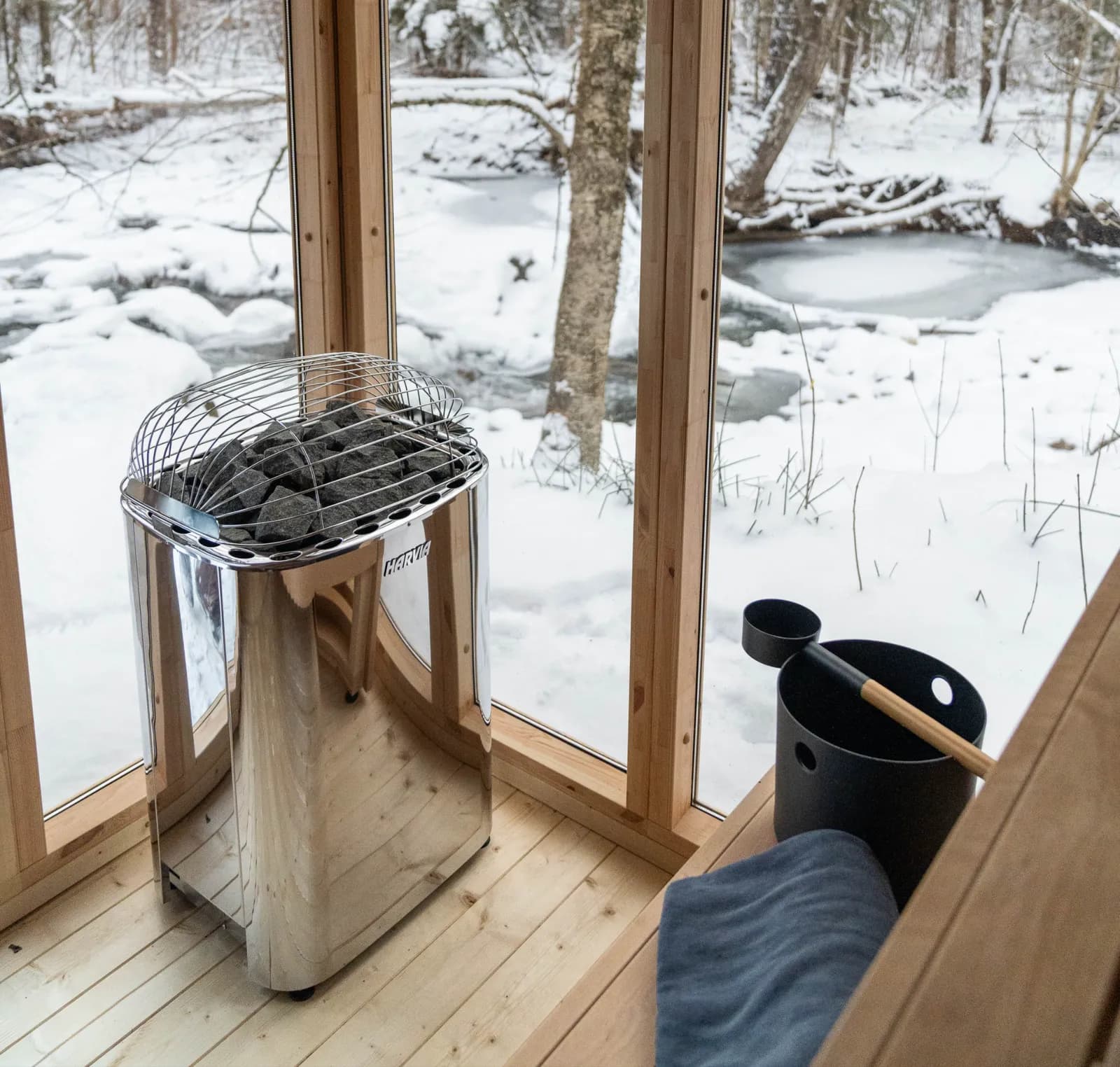 Sauna heater and brook view at East Burke Sauna Club