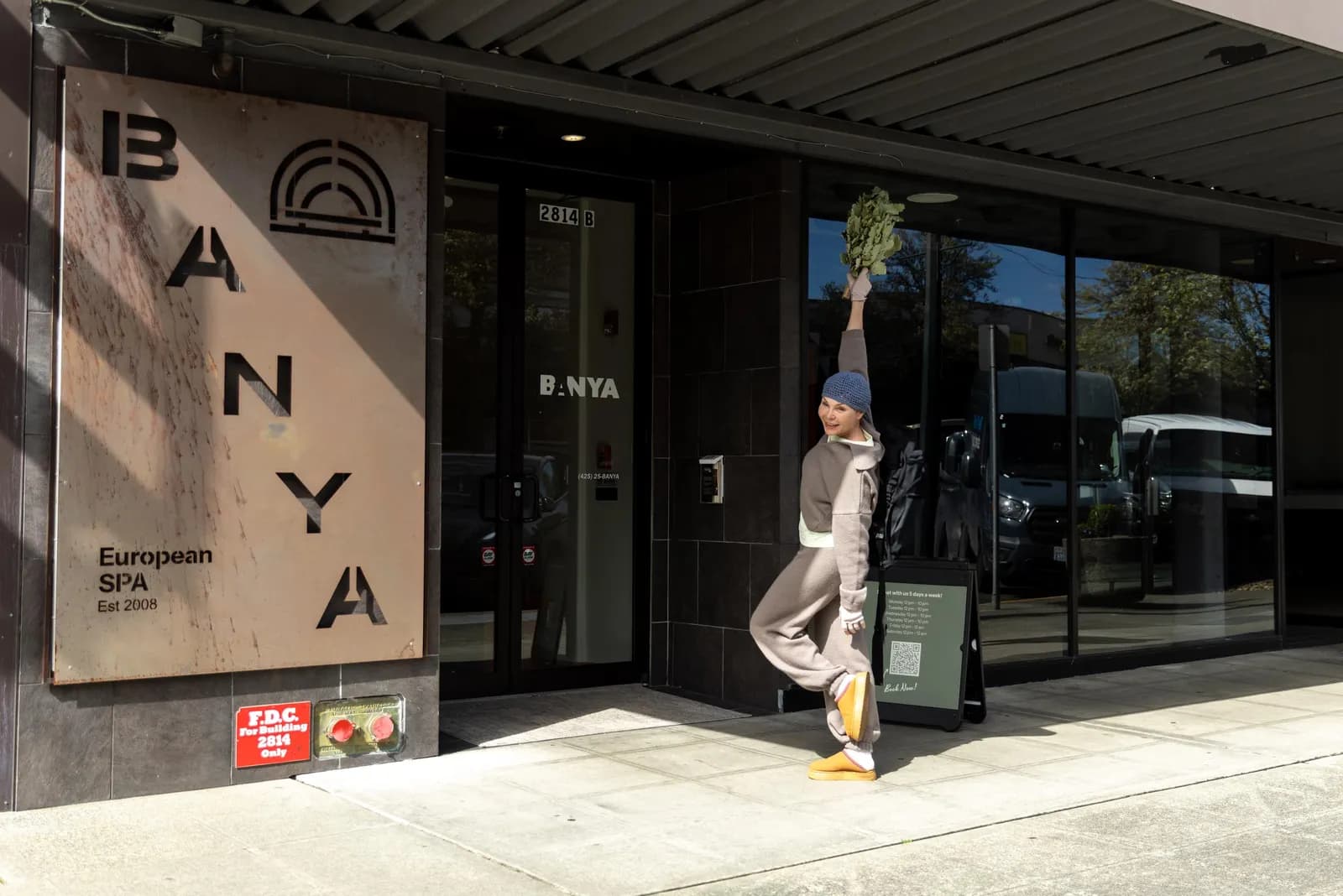 Everett Banya building exterior with illuminated signage