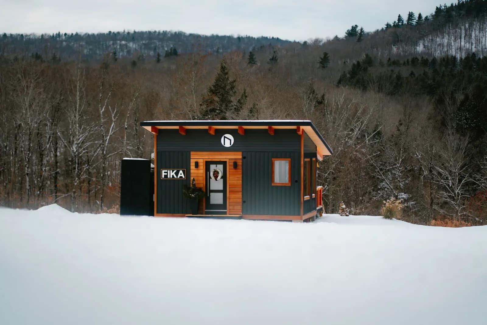 FIKA Sauna cabin in the snow in Huntington, Vermont
