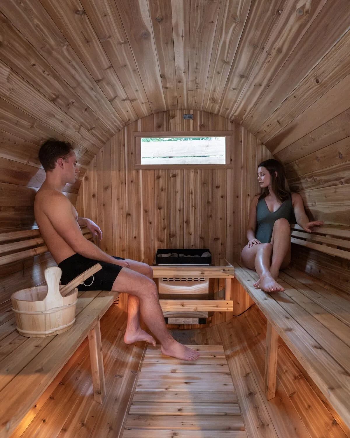 Interior of cedar barrel sauna at Grotto Spa
