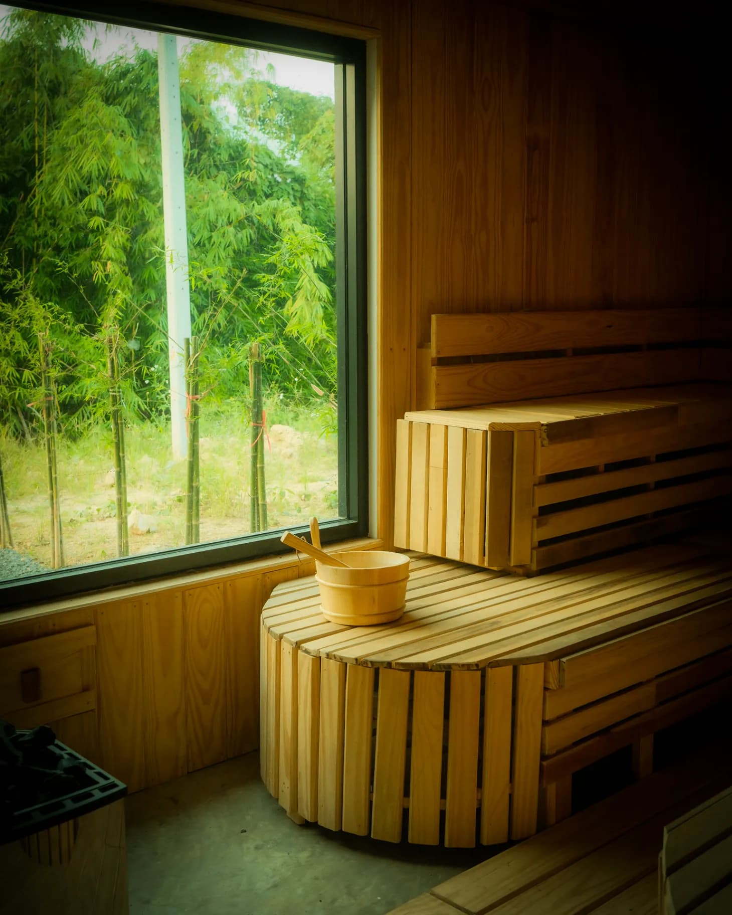 Growth Club Krabi sauna interior with wood paneling and greenery