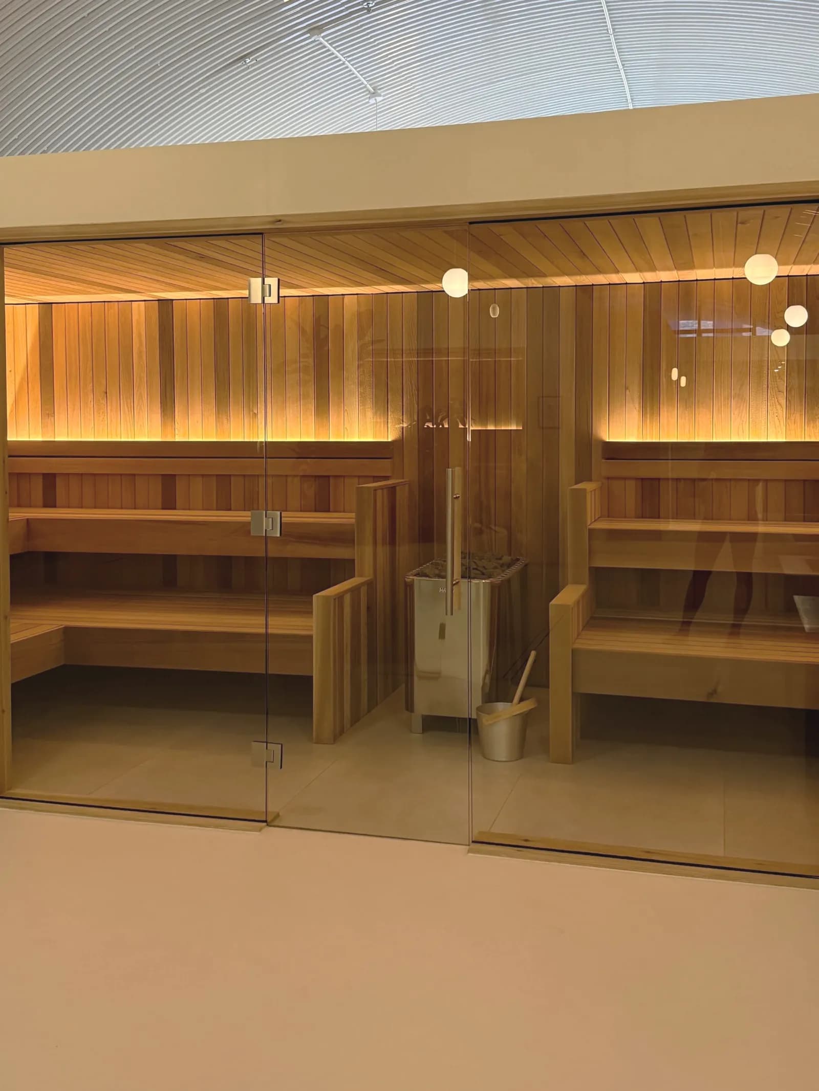 Wooden sauna interior at Hotdrop Battersea