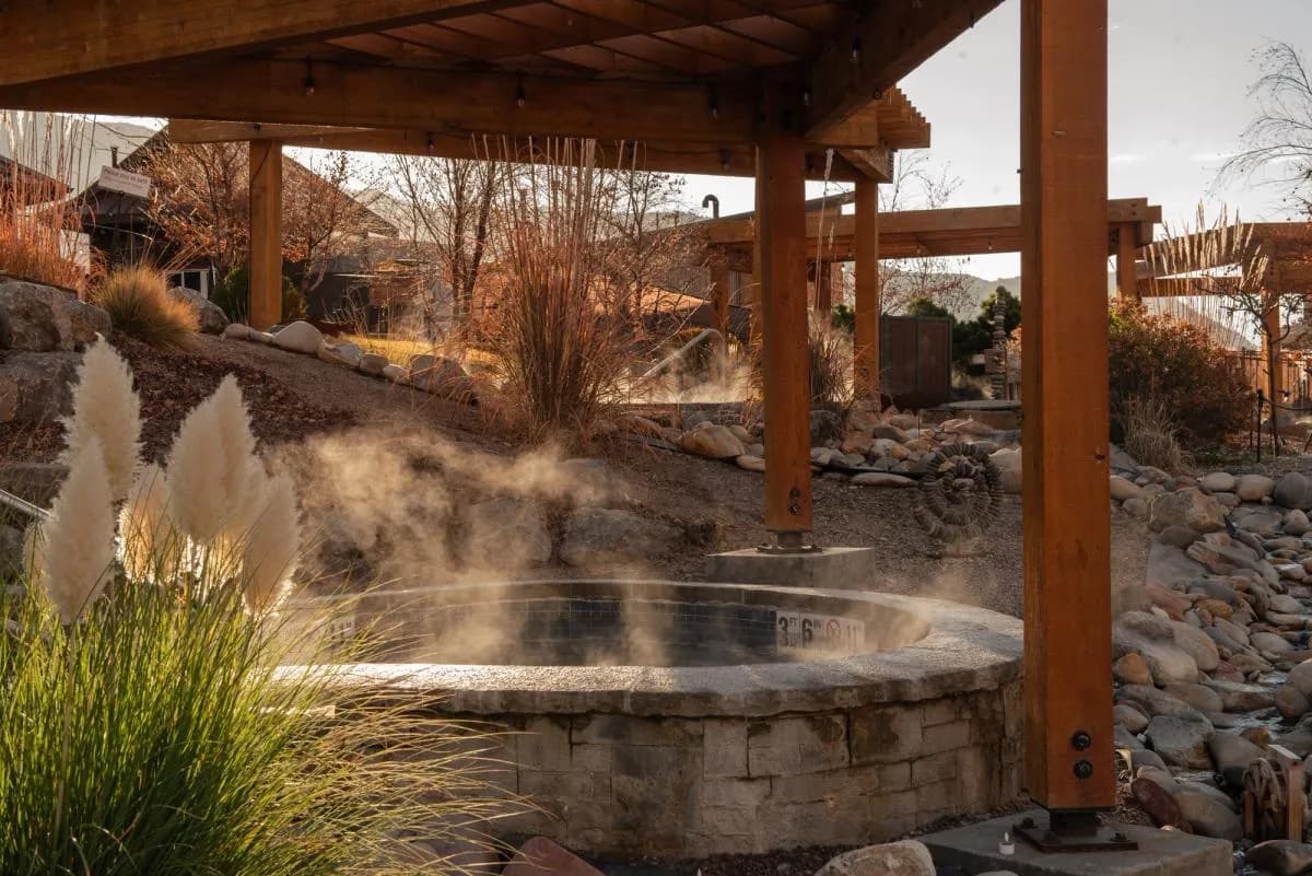Mineral hot springs pools at Iron Mountain Hot Springs along the Colorado River