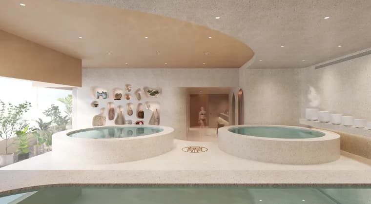 Lan Bathhouse interior with magnesium-infused spas and sauna entrance