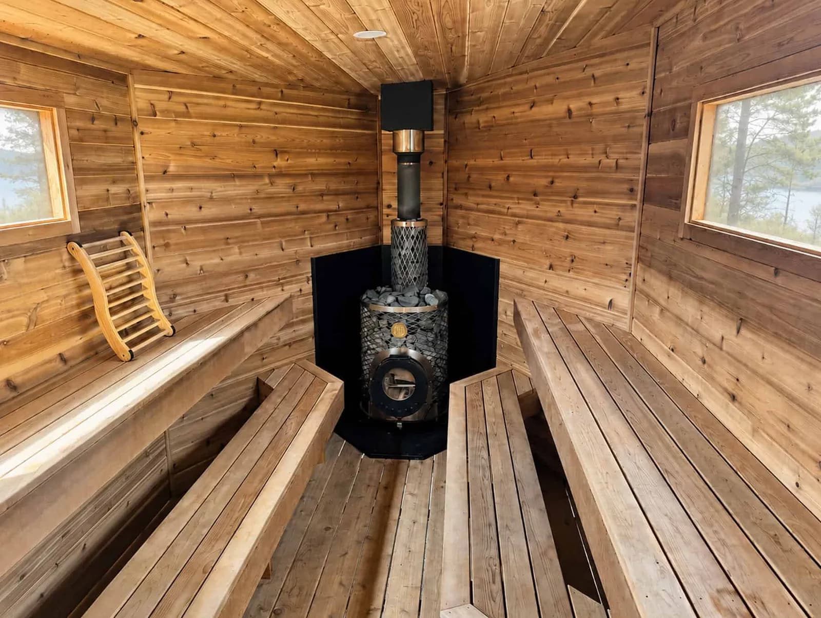 Inside a wood-fired cedar sauna at Madison Saunas