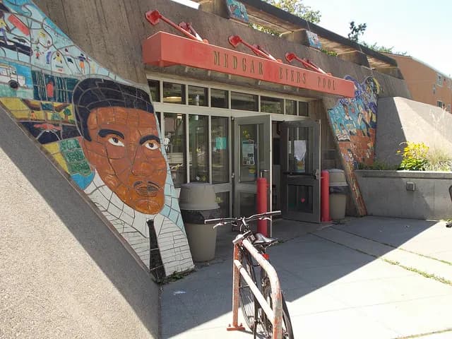 Entrance and mosaic mural at Medgar Evers Pool, Seattle