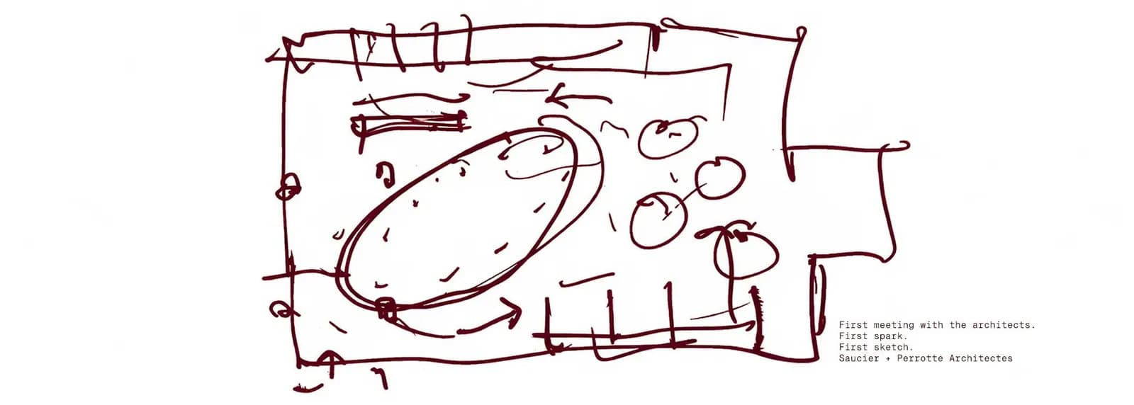 First architect sketch of the mild thermal house floor plan by Saucier + Perrotte