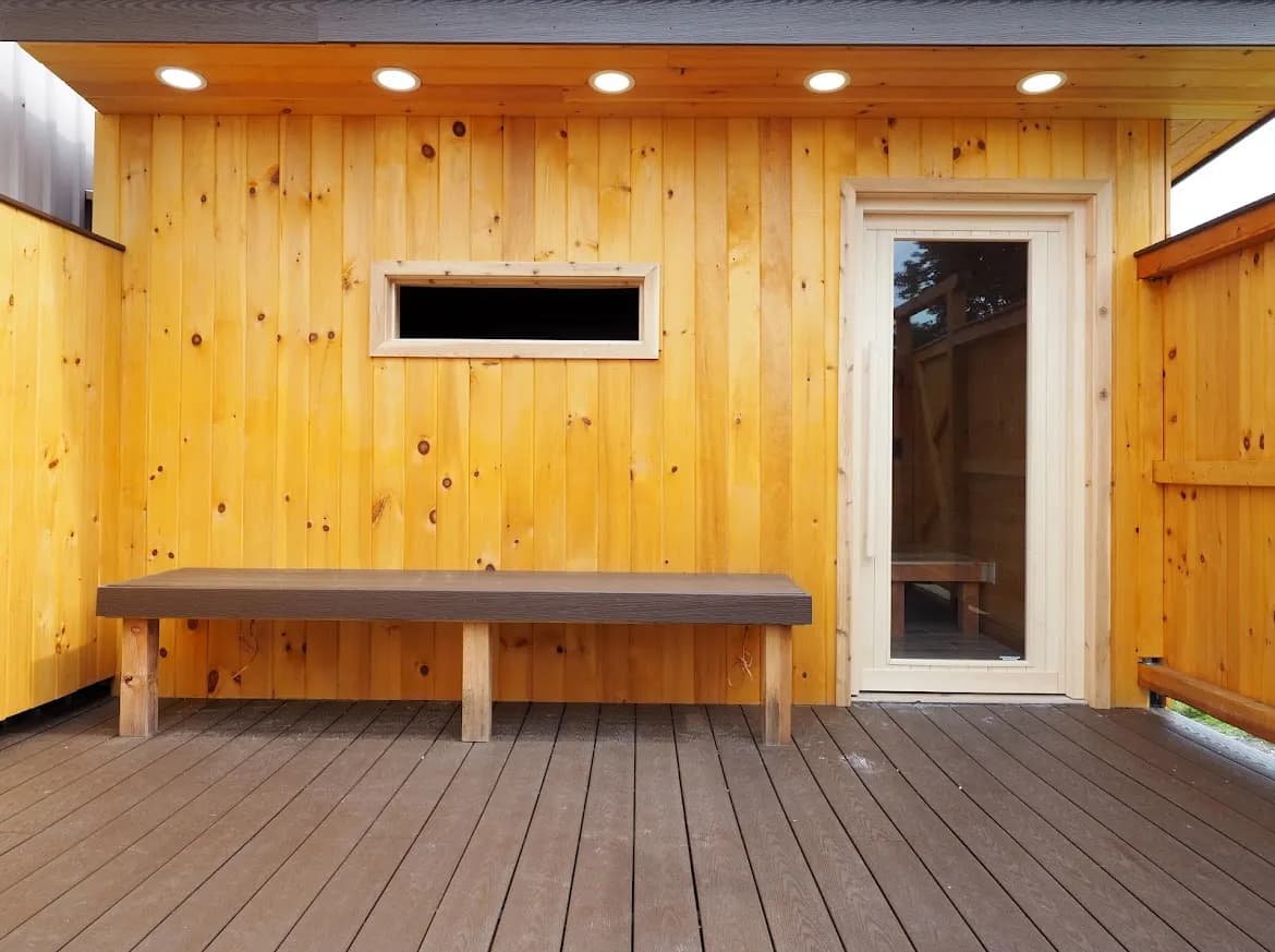 Outdoor spa deck and changing area at Nordic Spa Vermont