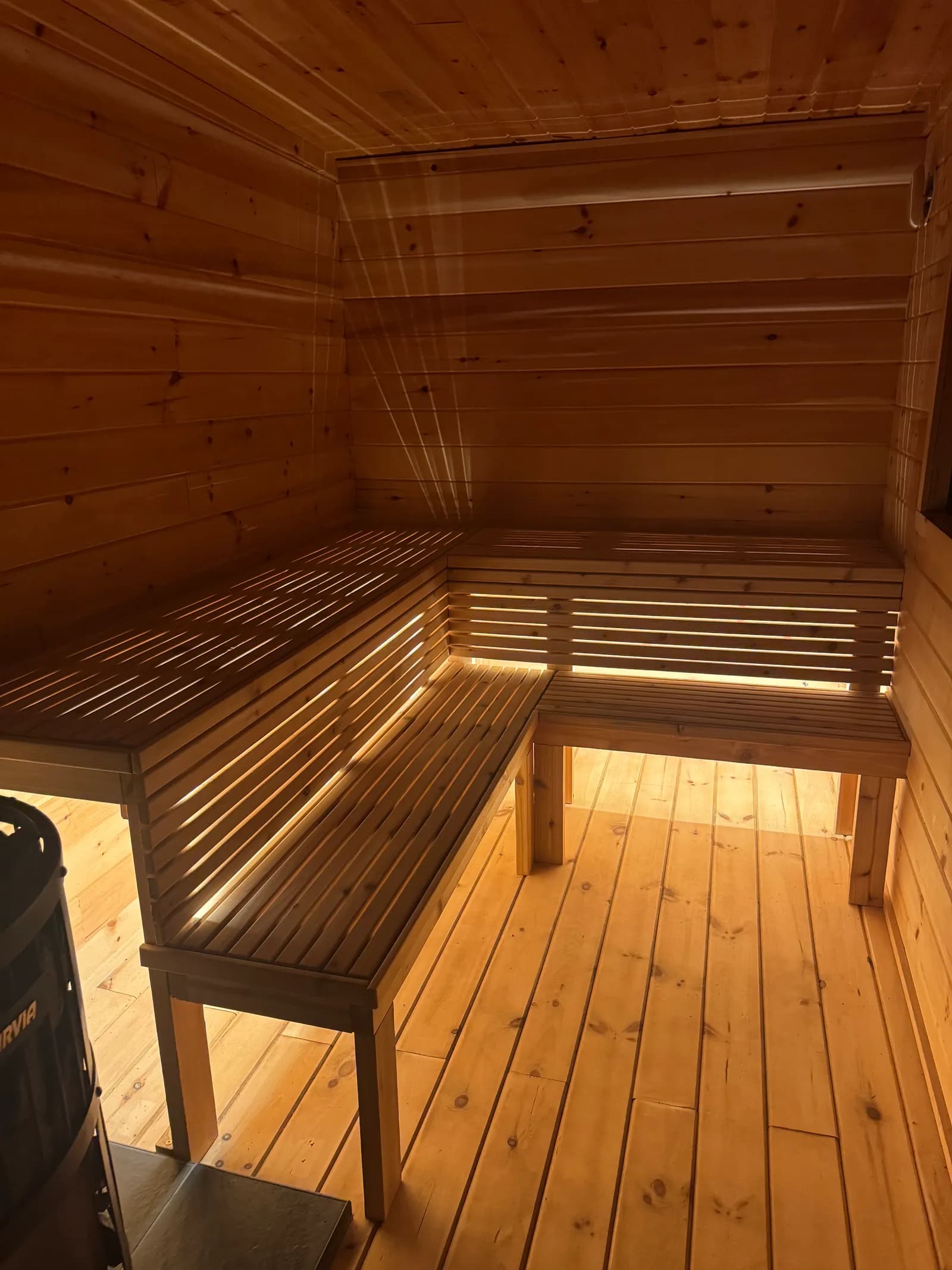 Interior benches of the Northern Kin mobile sauna