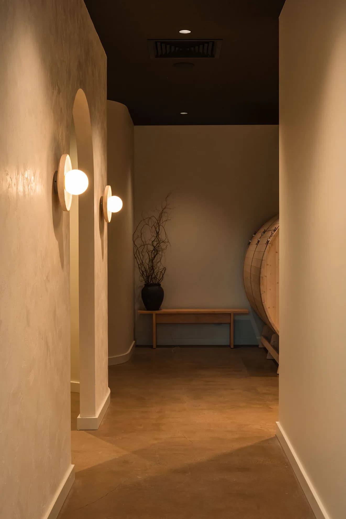 Onsen Sauna interior with warm timber and ambient lighting