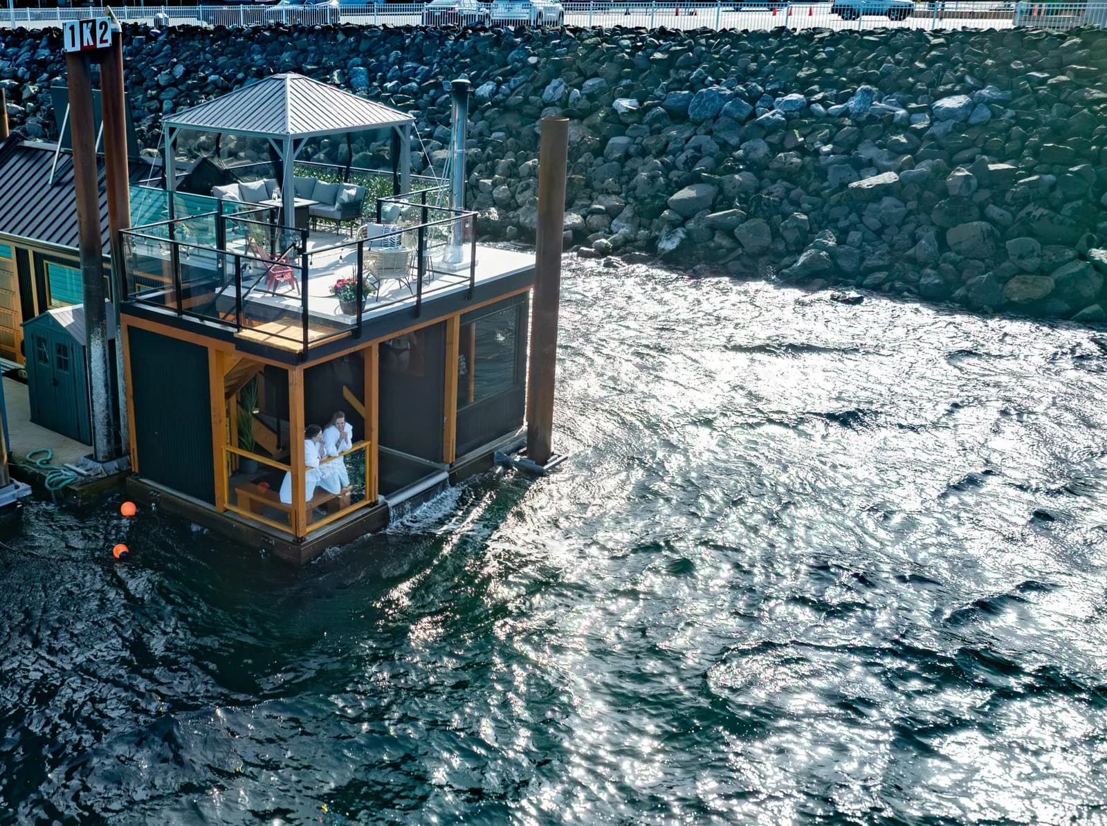 Pacific Floating Sauna aerial view at Coast Marina, Campbell River
