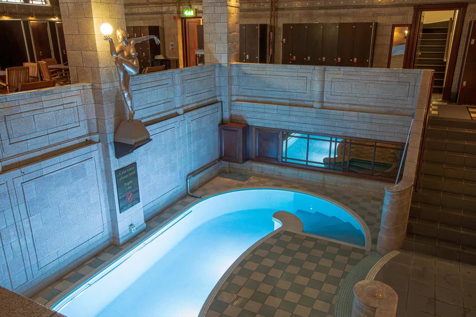 Aerial view of the Art Deco plunge pool at Porchester Spa