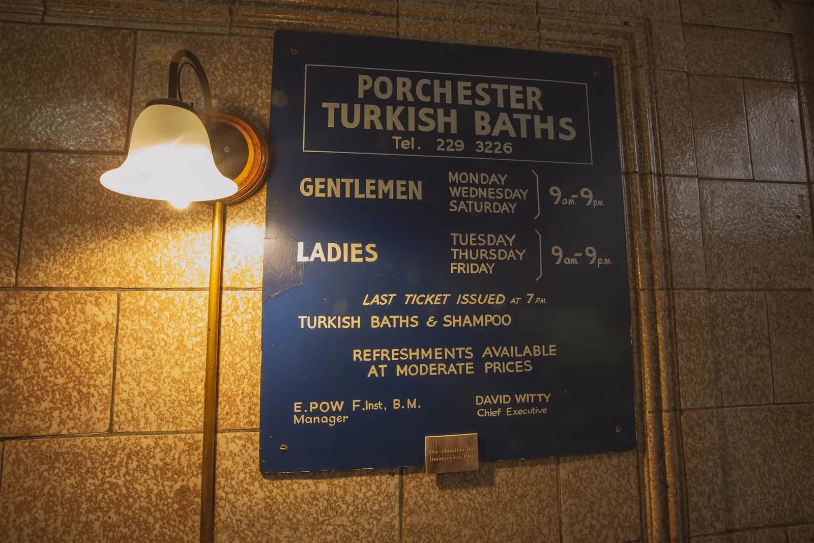Historic Turkish bath entrance sign at Porchester Spa