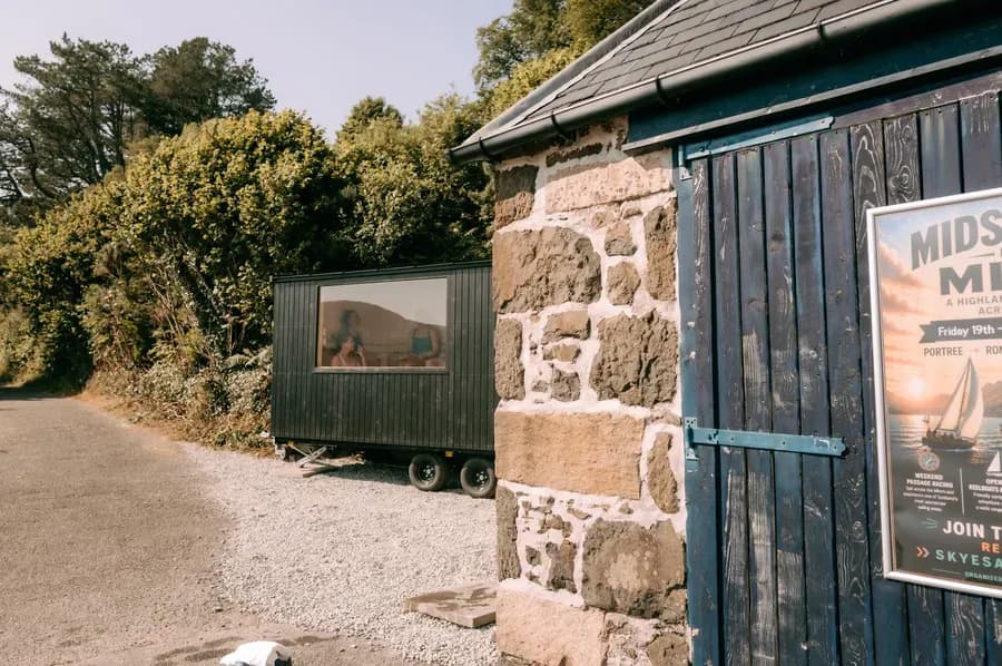 Portree Sauna trailer beside the Skye Sailing Club boathouse