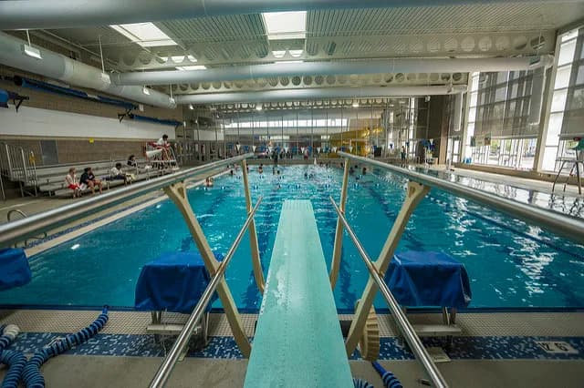 View down the diving board over the lap pool at Rainier Beach Pool