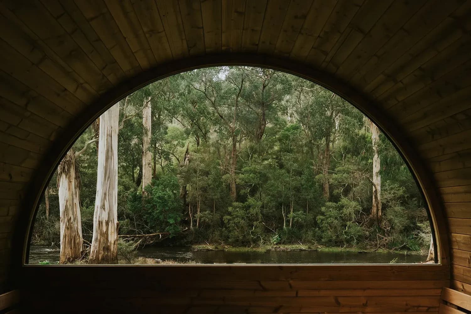 Interior view from Rivasoul sauna through arched window overlooking the Yarra River and forest