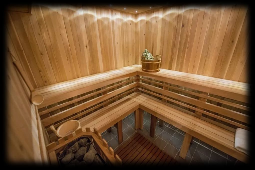 Russian banya interior with stone heater at Banya St.Jacques