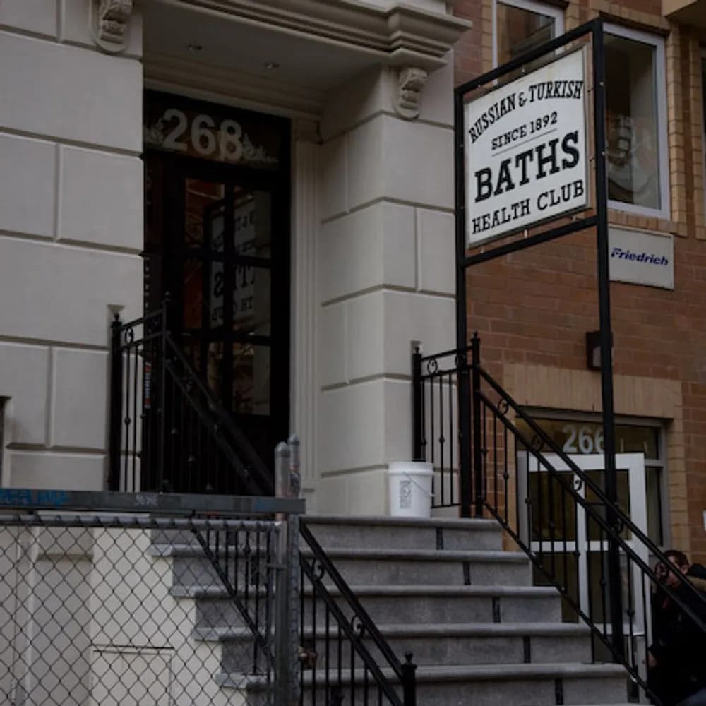 Russian & Turkish Baths entrance at 268 East 10th Street with historic 'Since 1892' sign