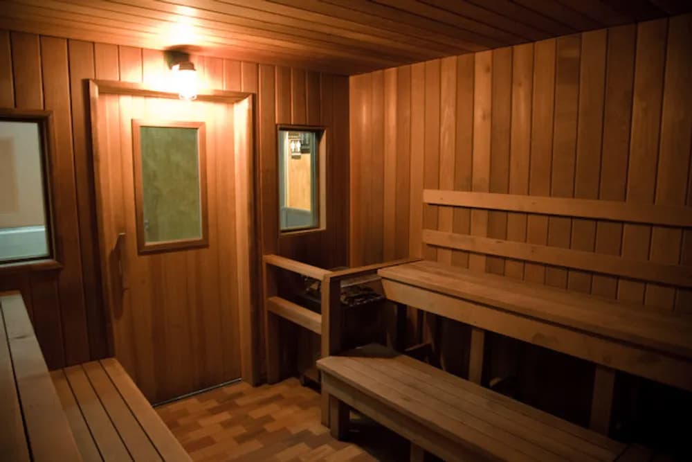 Russian & Turkish Baths cedar sauna room with tiered benches