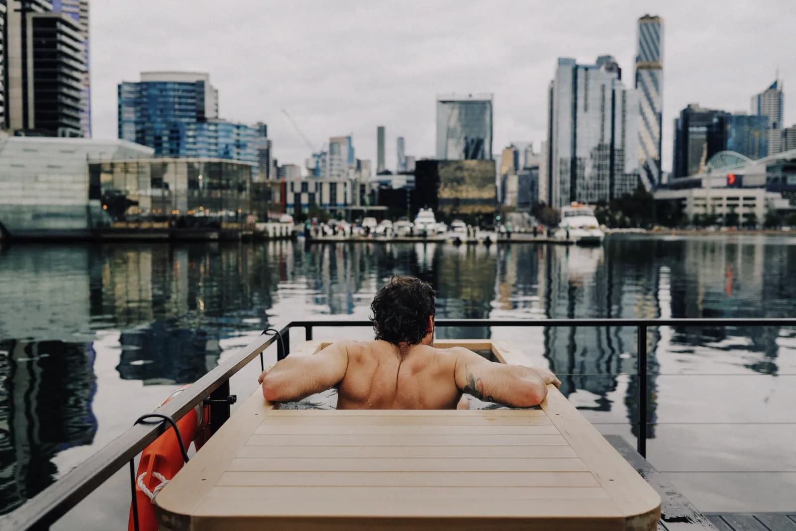 Interior of Sauna Boat Melbourne timber-lined sauna with harbour views