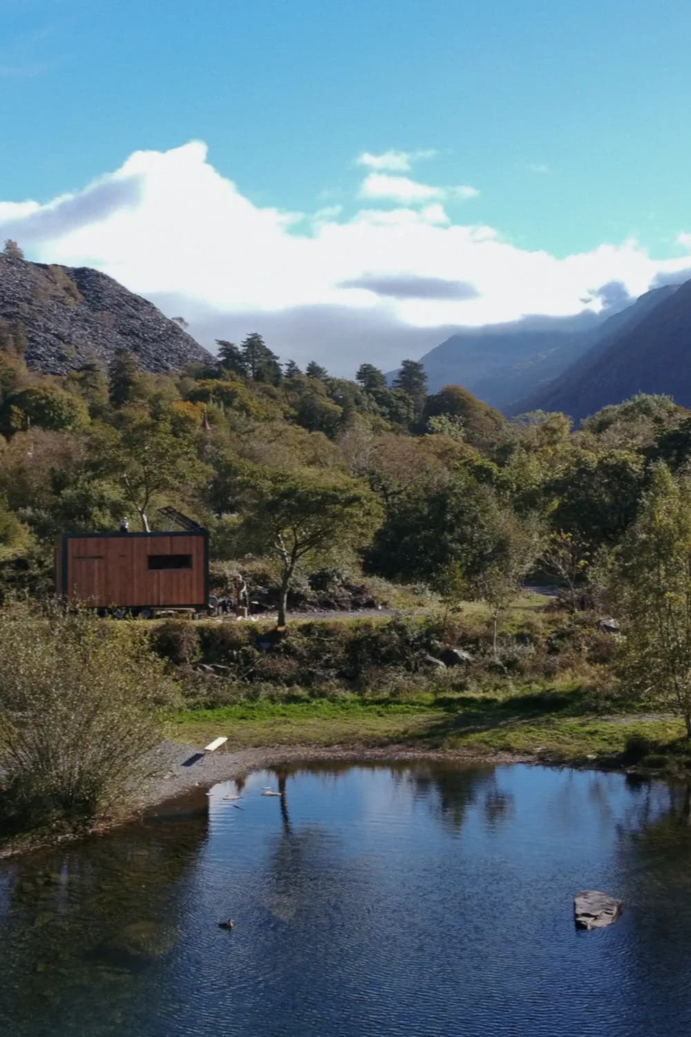Aerial view of Sawna Bach lakeside sauna at Llyn Padarn, Llanberis