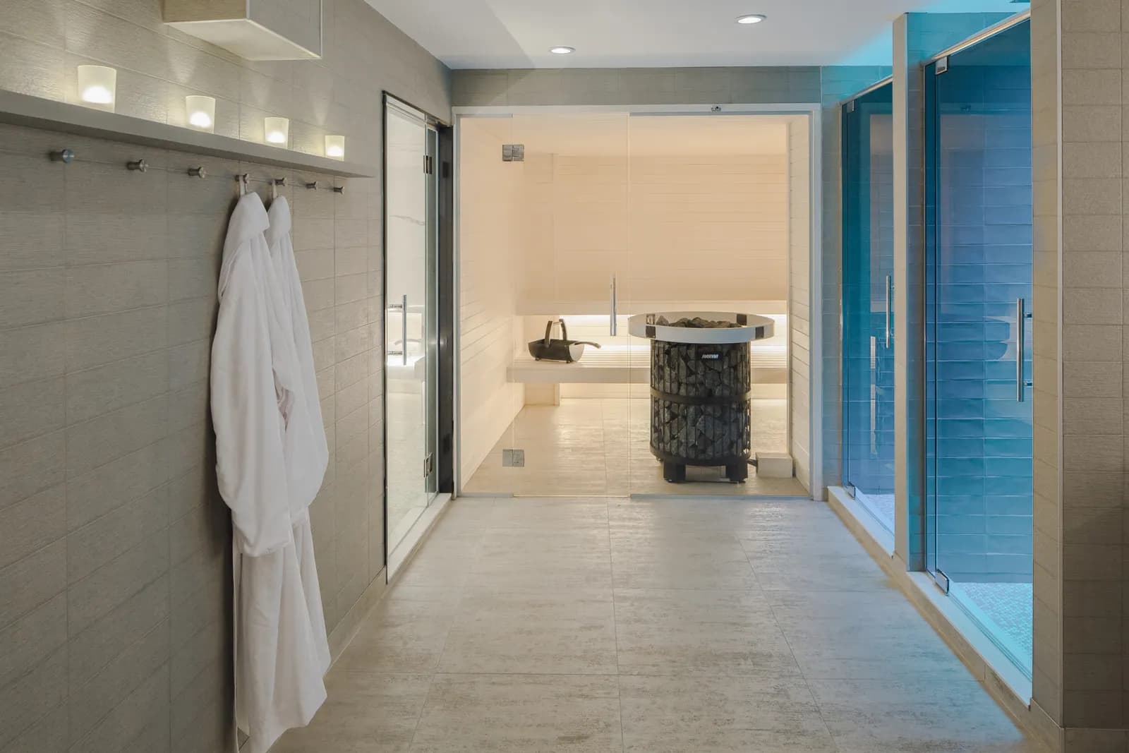 Thermal circuit corridor with robes and the sauna at Spa William Gray, Old Montréal