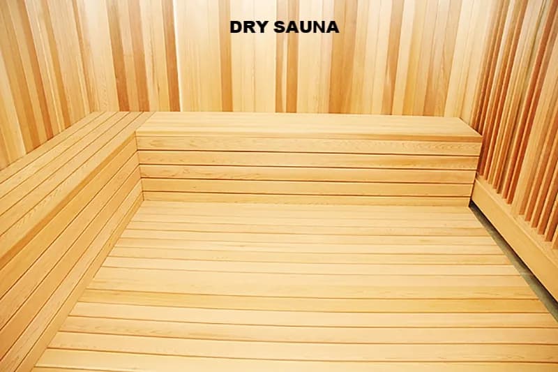 Wood-lined dry sauna with tiered benches at Spa World in Centreville, Virginia