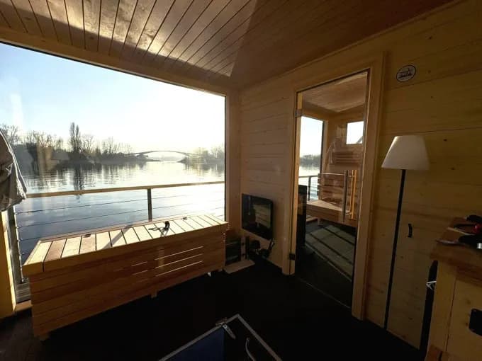 SpaBoats sauna raft on the harbour in Schiersteiner Hafen, Wiesbaden