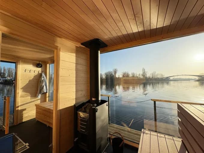 Interior of the wood-fired Finnish sauna on the SpaBoats floating raft in Wiesbaden