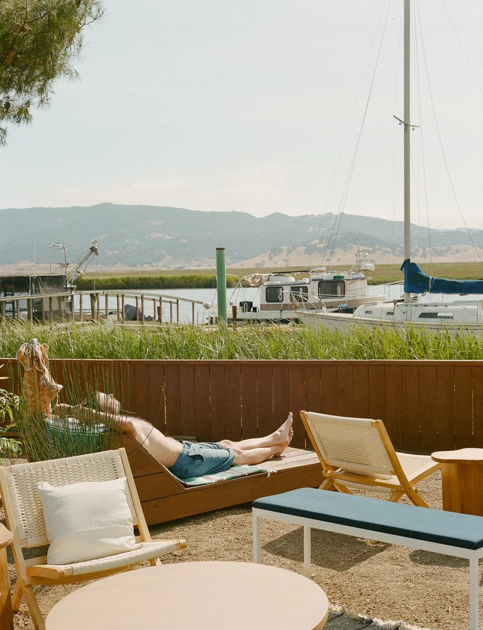 Sundrop Sauna lounge area overlooking the marina