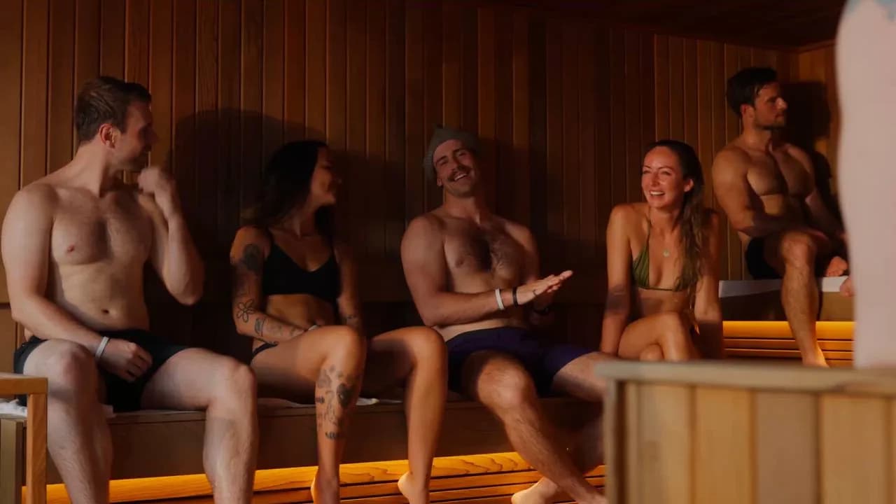 Tality Wellness guests socializing inside the cedar sauna