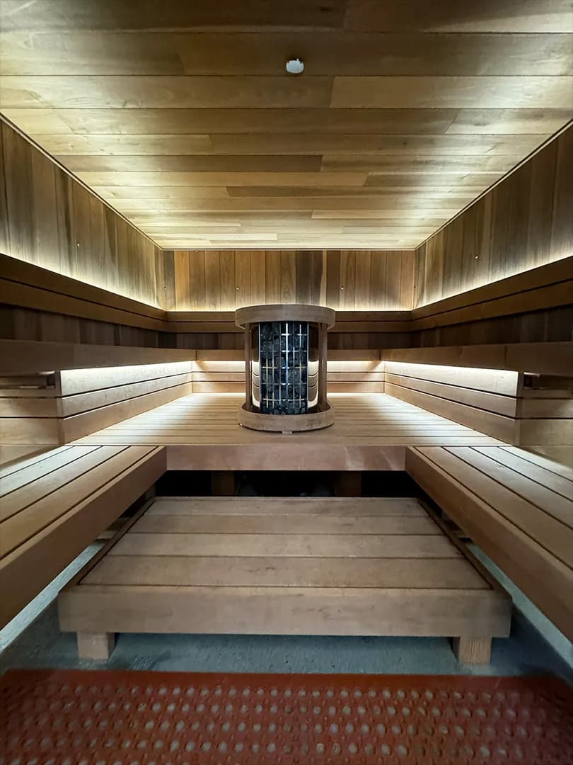 Finnish sauna interior with magnolia wood panels at Teddy's Hot House in Venice