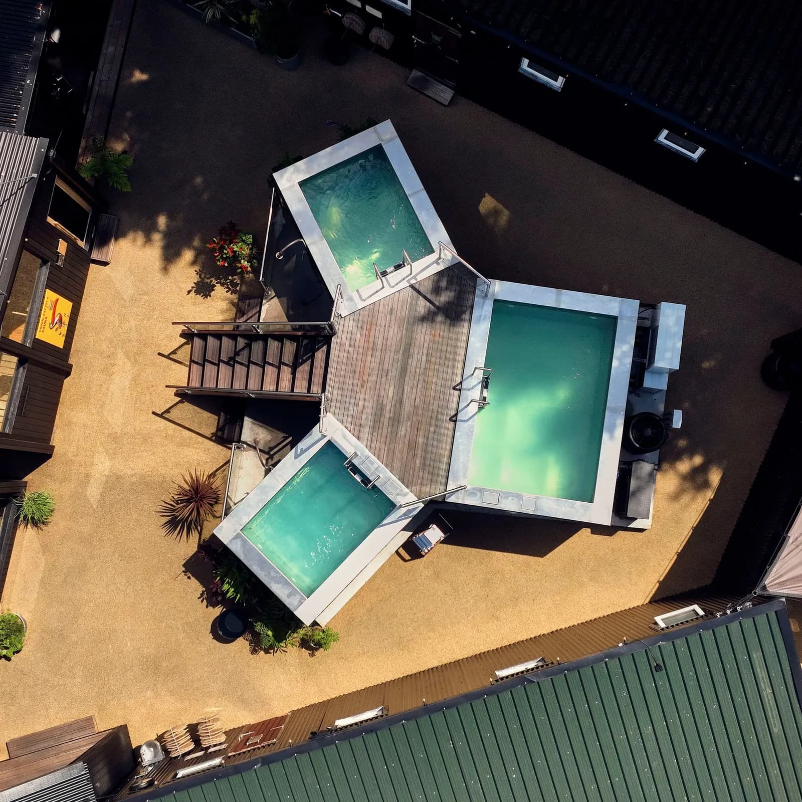 Aerial view of The Hot Box Sauna Inchicore showing three plunge pools in cold, tepid, and warm temperatures